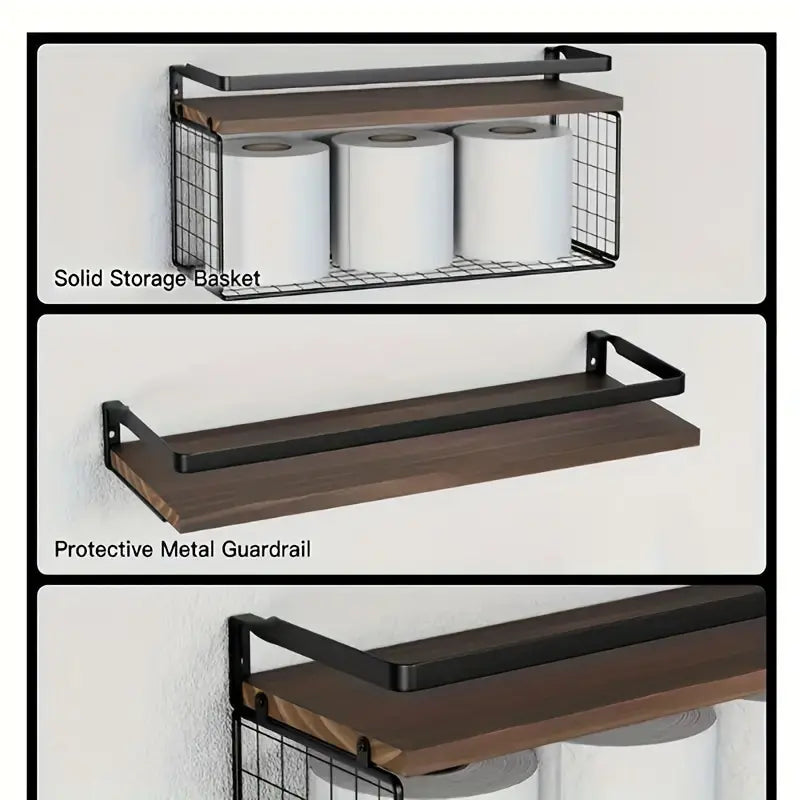 Rustic Charm: Wood Bathroom Shelves with Storage and Towel Bar-4
