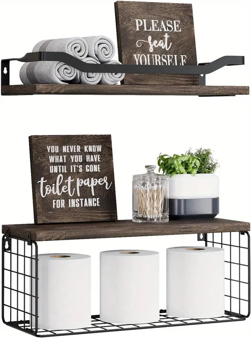 Rustic Charm: Wood Bathroom Shelves with Storage and Towel Bar-0