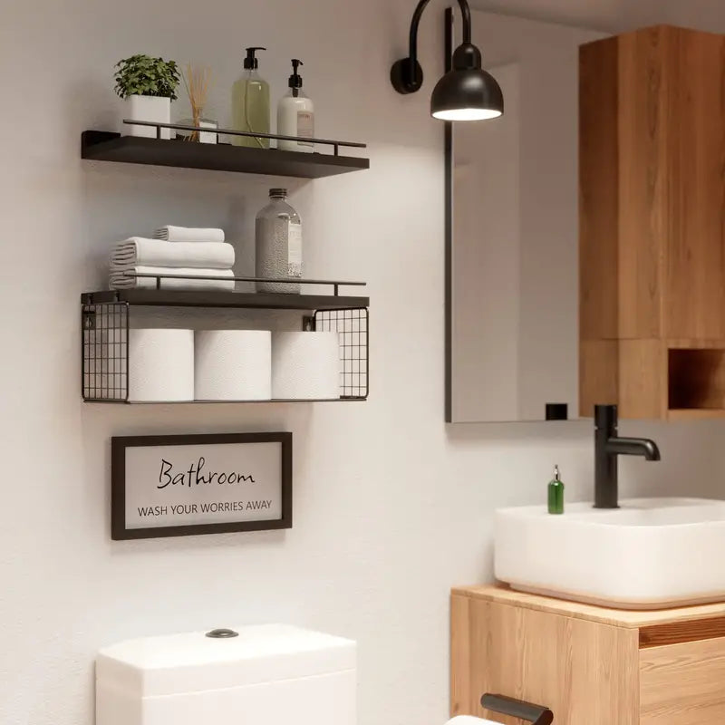 Rustic Charm: Wood Bathroom Shelves with Storage and Towel Bar-2