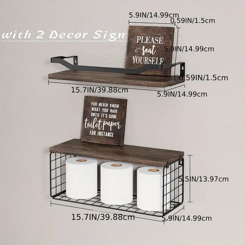 Rustic Charm: Wood Bathroom Shelves with Storage and Towel Bar-1
