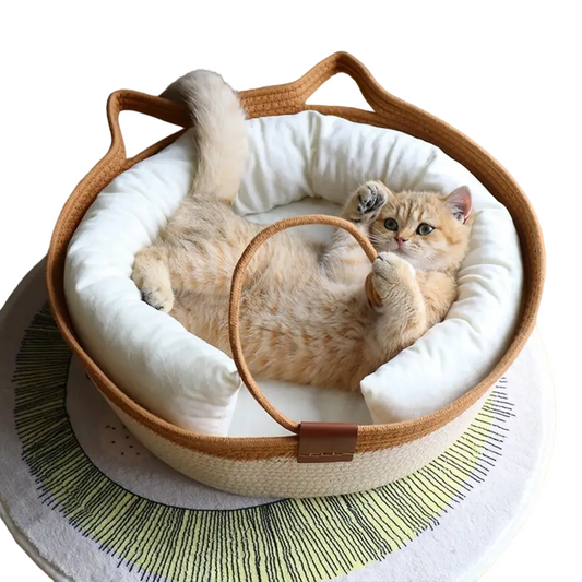 Cat Ear Shape Thickened Woven Cat Scratching Board Pet Bed - Khaki White-0