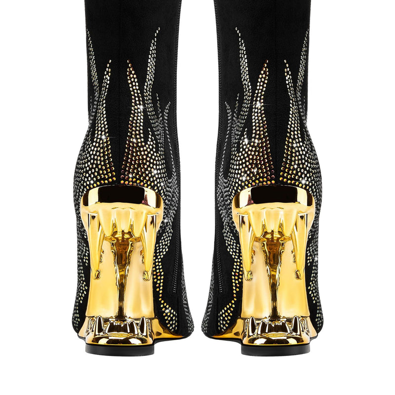 European And American Style Tiger Tooth Profiled Heel Skinny Stretch Boots Rhinestone Flame