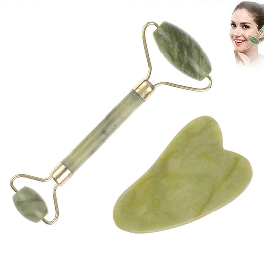 Jade Facial Roller & Gua Sha Scraping Too; Beauty Massager Green-0