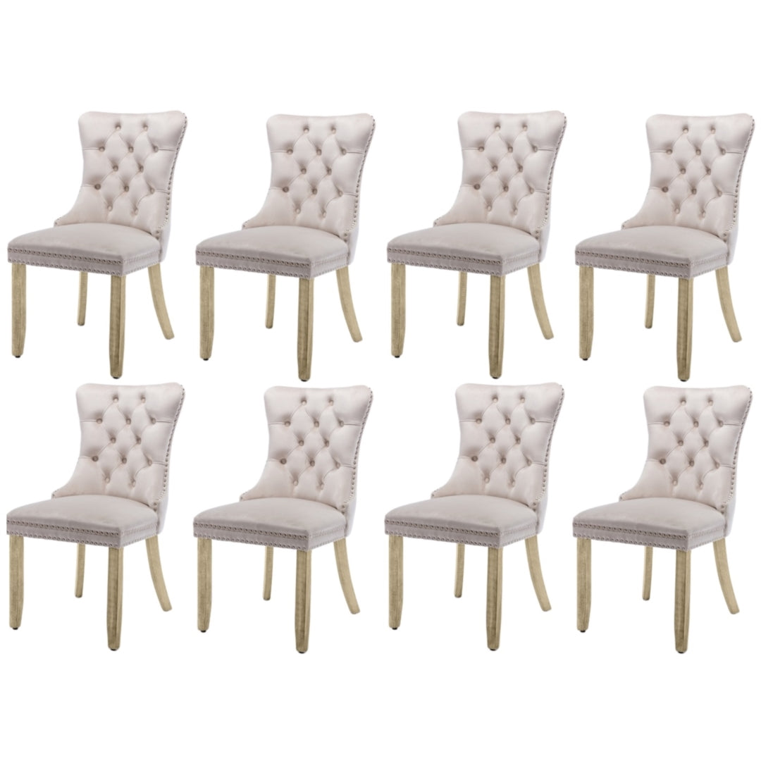 NNEDSZ 8x Velvet Dining Chairs Upholstered Tufted Kithcen Chair with Solid Wood Legs Stud Trim and Ring-Beige
