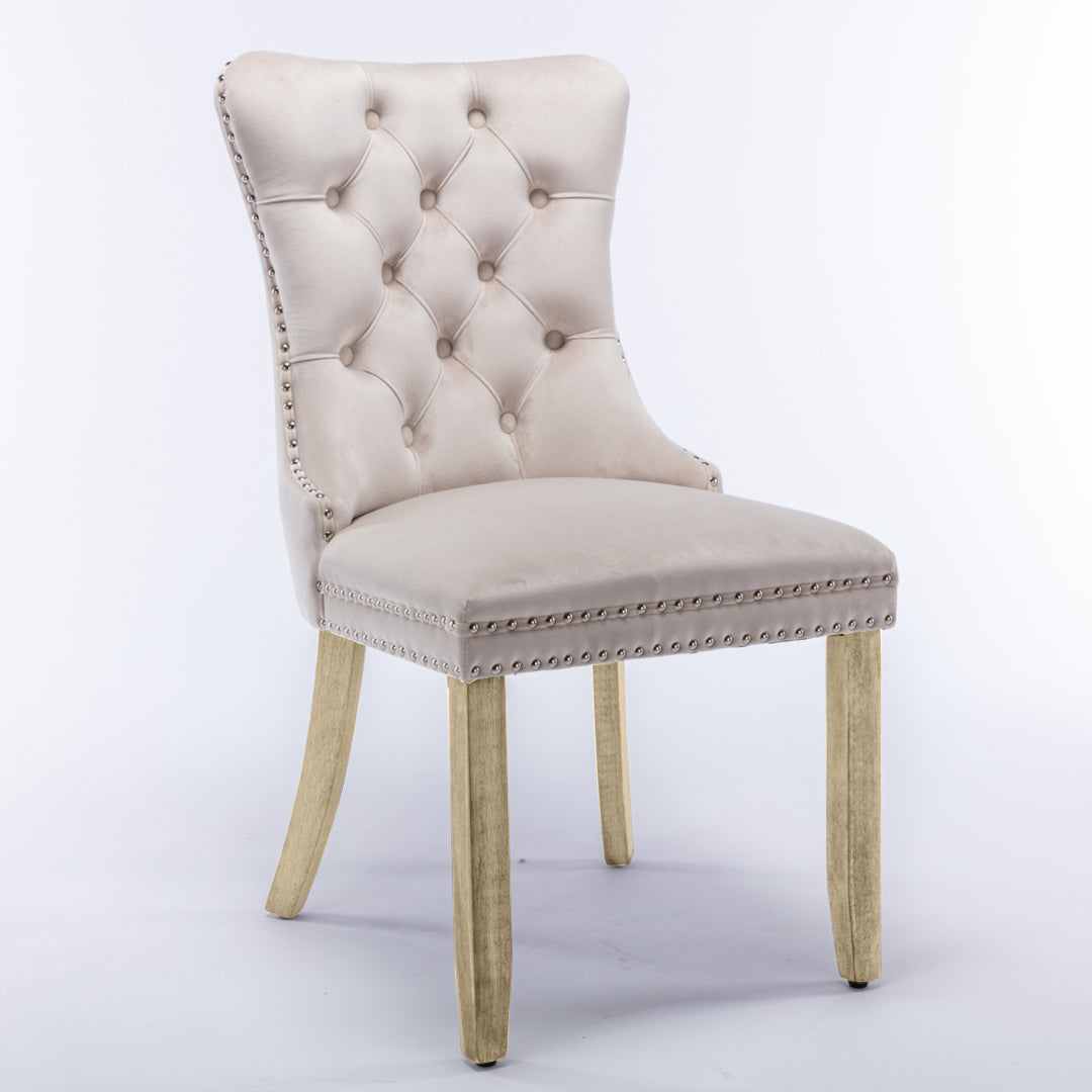 NNEDSZ 8x Velvet Dining Chairs Upholstered Tufted Kithcen Chair with Solid Wood Legs Stud Trim and Ring-Beige