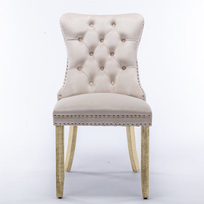 NNEDSZ 8x Velvet Dining Chairs Upholstered Tufted Kithcen Chair with Solid Wood Legs Stud Trim and Ring-Beige